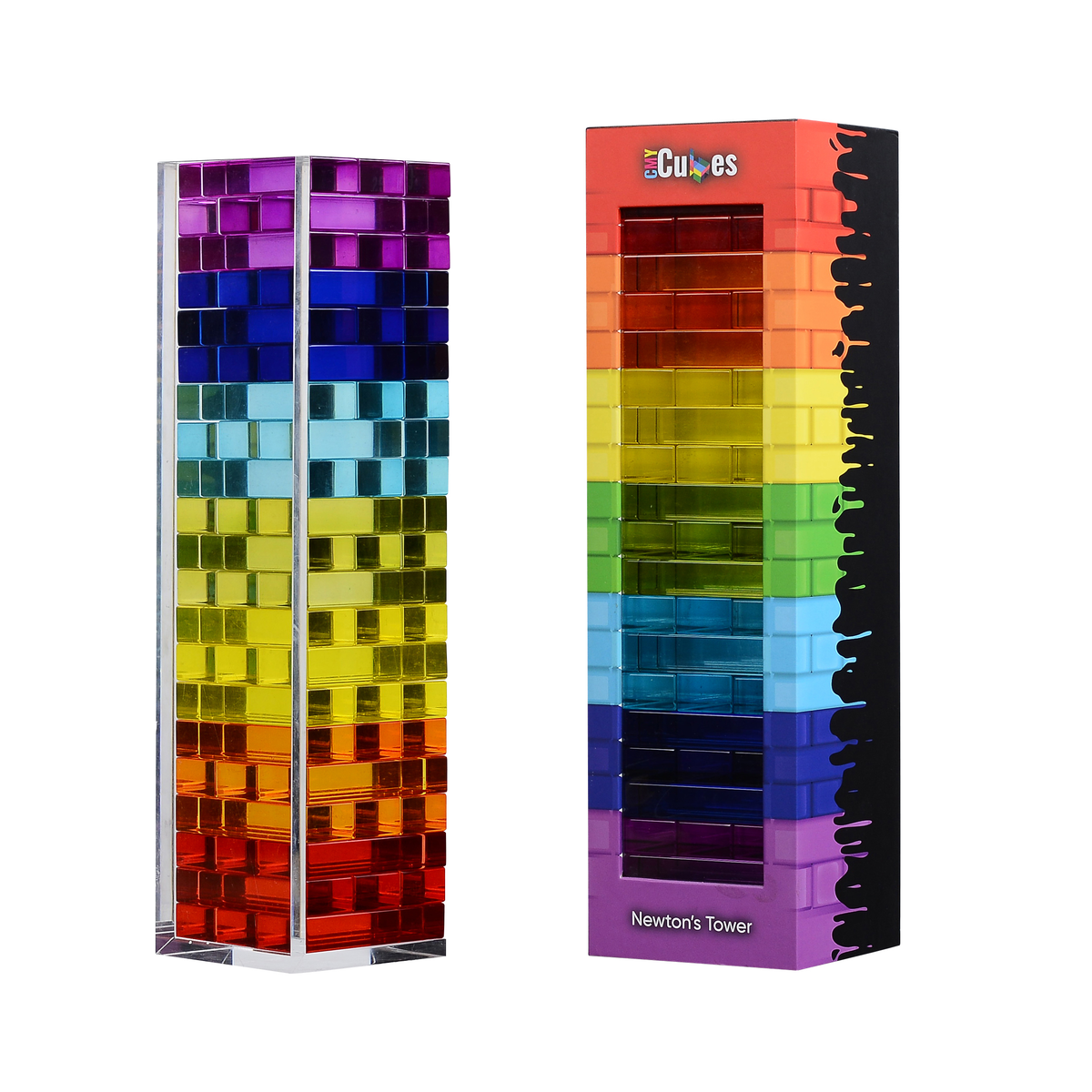 Newton's Tower fully stacked, light passing through its spectrum-coloured blocks