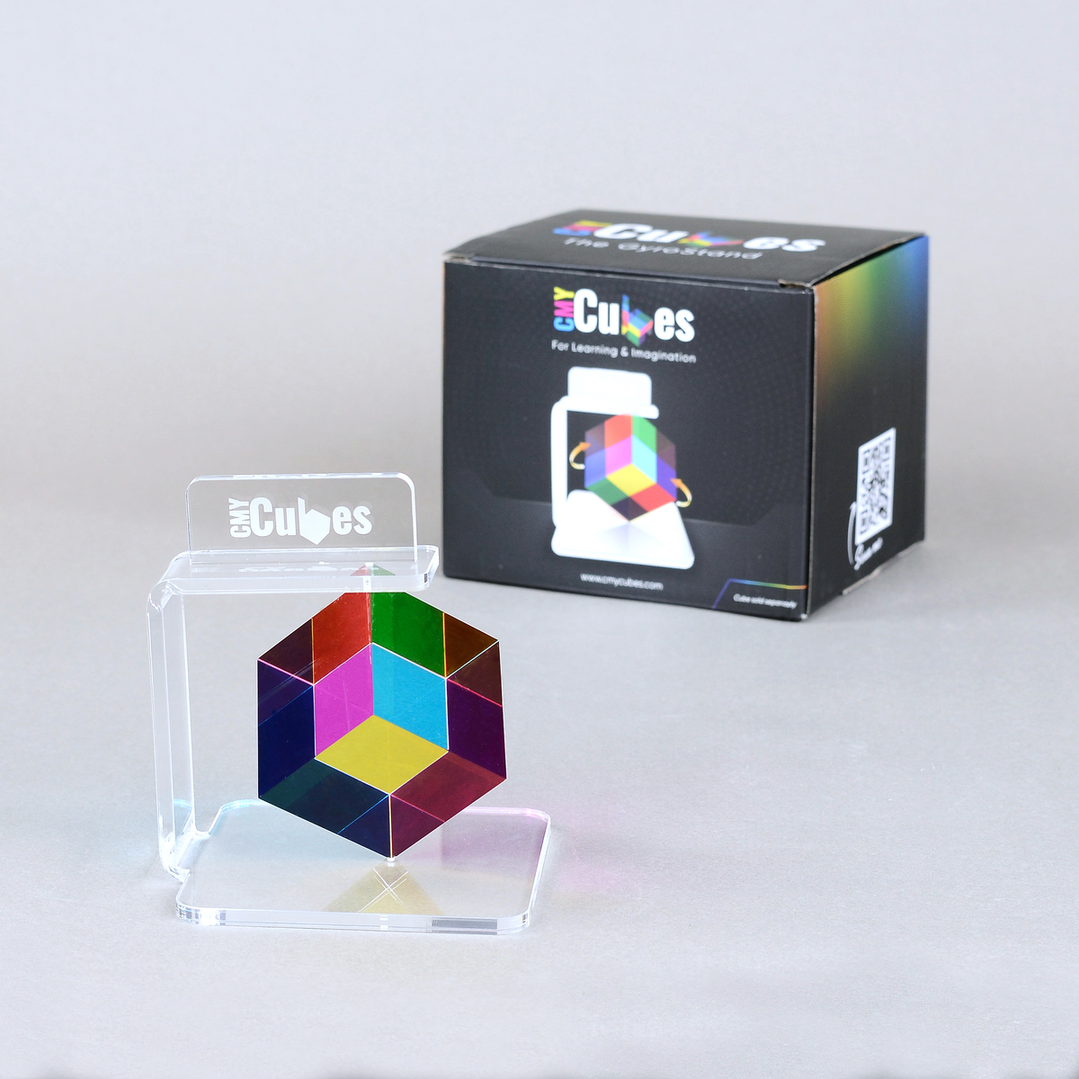 The GyroStand with a translucent CMY Cube on display