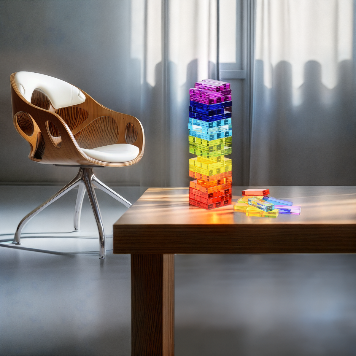 Newton's Tower tumbling tower set, translucent blocks arranged in spectrum colours