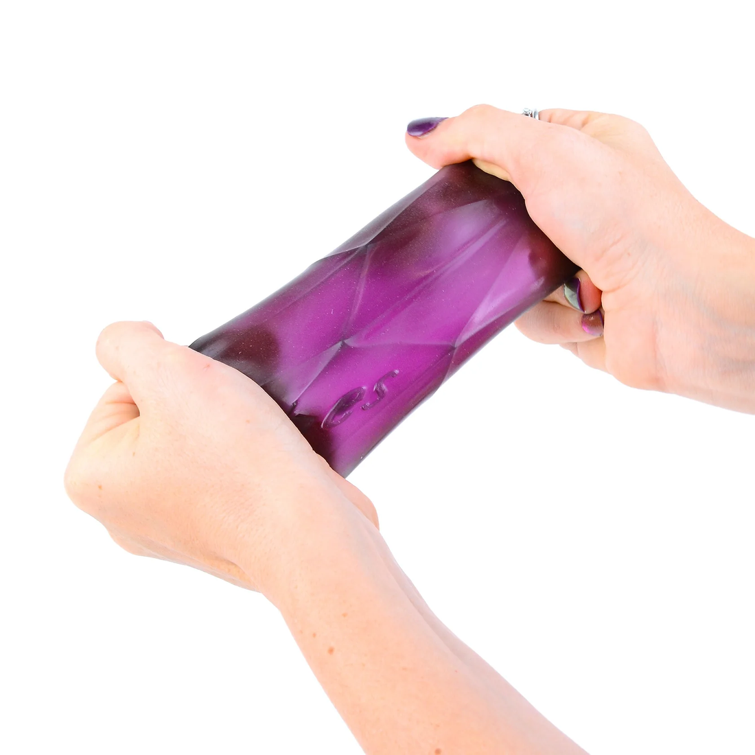 Two hands stretching a translucent purple PolySquish squishy, a tactile tool for sensory play