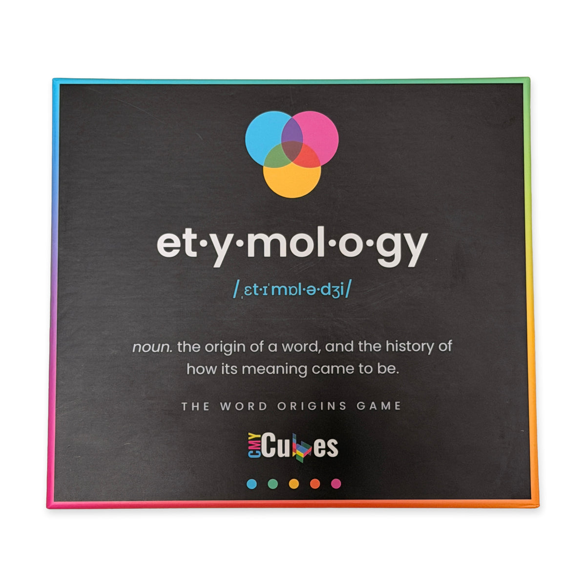 Etymology, The Word Origins Game by CMY Cubes, box lid with the word etymology and its definition