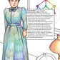 Emmy Noether colouring page from the Brilliant Minds Modern Mathematical Pioneers book, shown coloured in