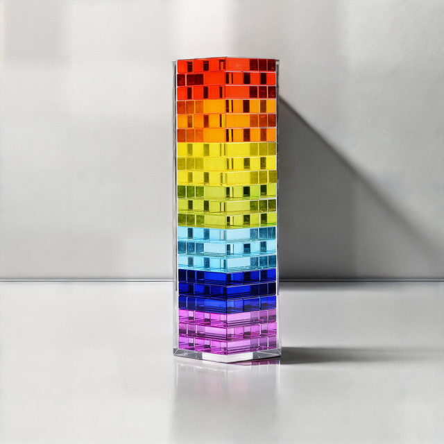 Newton's Tower on a plain background, 63 translucent blocks in seven spectrum colours